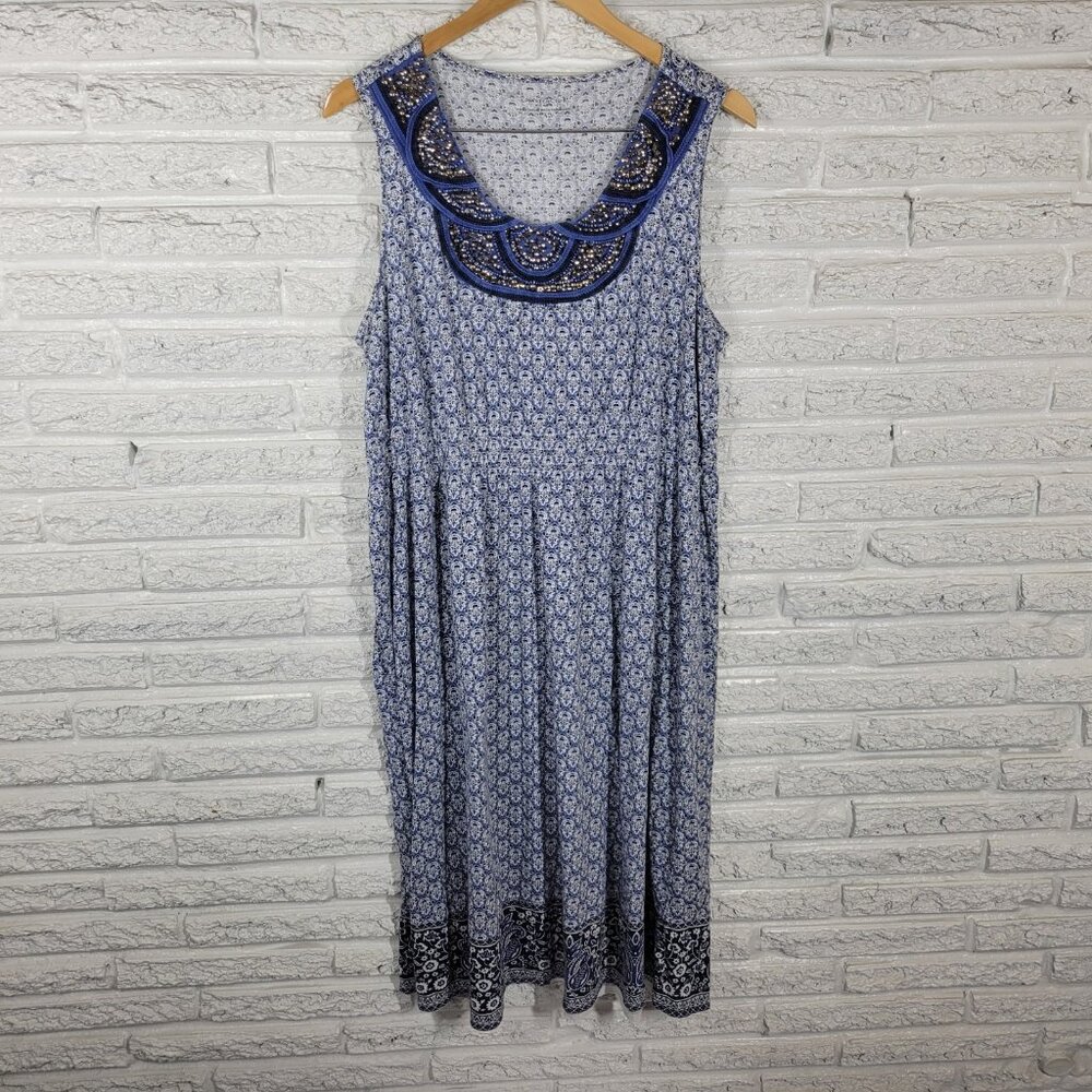 Charter Club Women's 2X Plus Blue White Geometric Beaded Studded Crochet GEO188E